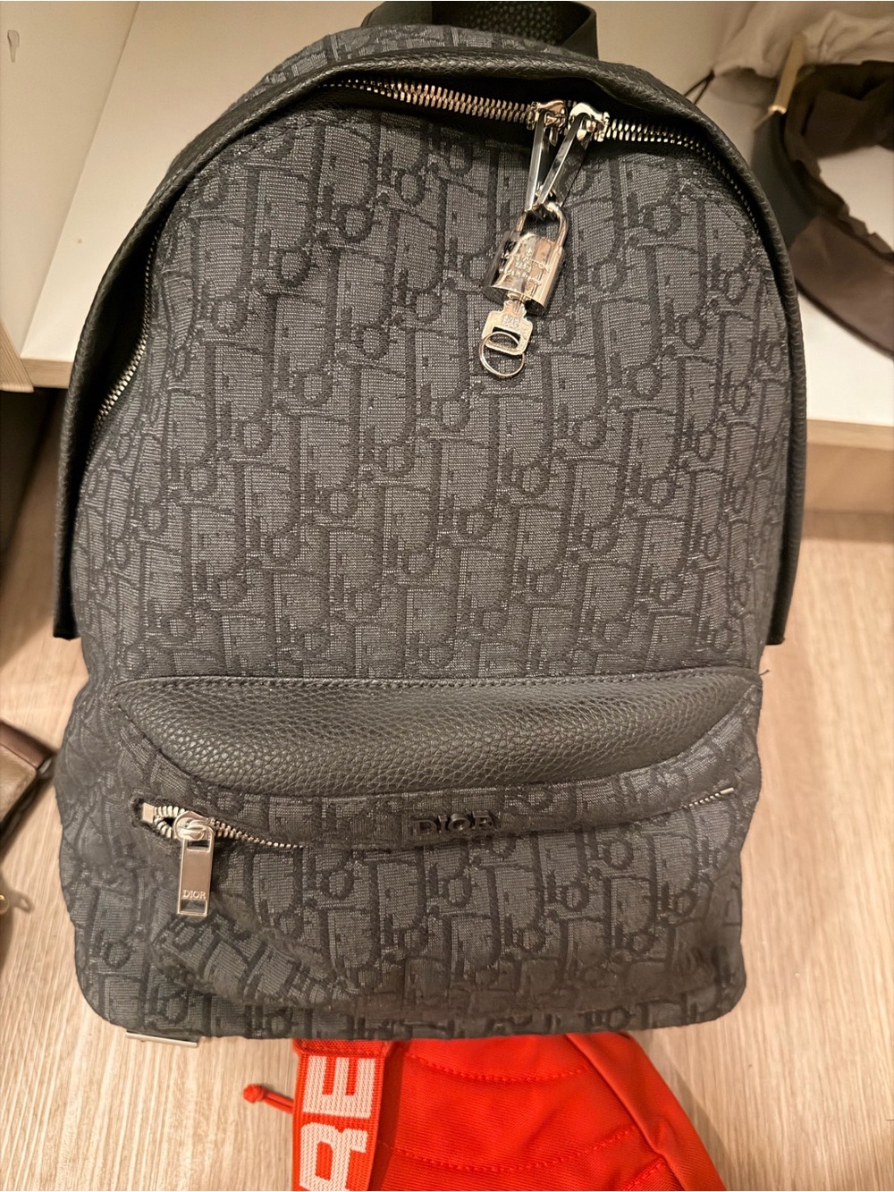 Dior Black Monogram Canvas Backpack with Leather Trim